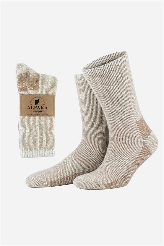 Mısırlı Unisex Alpaka Yünü Havlu Kışlık Soket Çorap Ekru/Bej