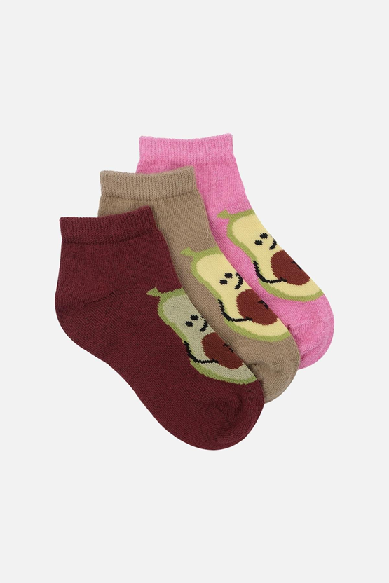 Mısırlı Unisex Pamuklu 3 Çift Avokado Desenli Çocuk Patik Çorap Avokado Desenli