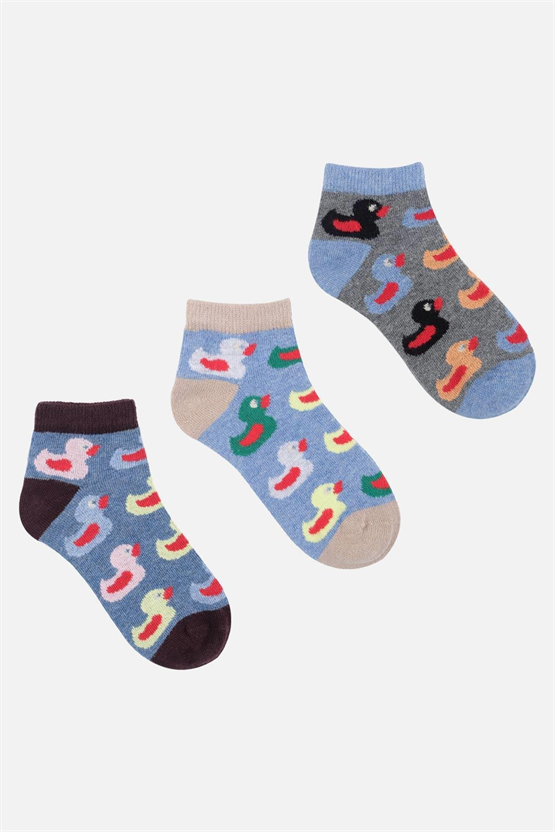 Mısırlı Unisex Pamuklu 3 Çift Ördek Desenli Çocuk Patik Çorap Ördek Desenli