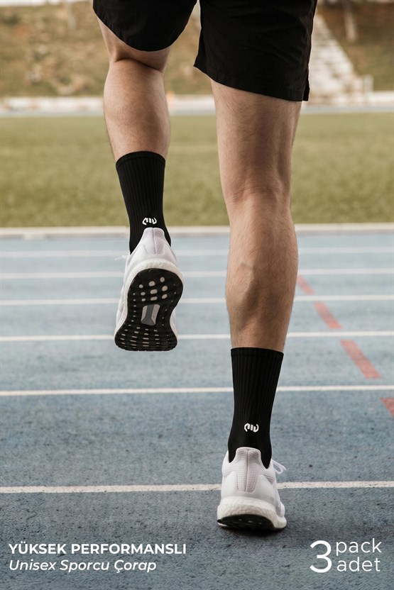 Mısırlı Unisex Pamuklu Spor Çorap, 3lü Siyah