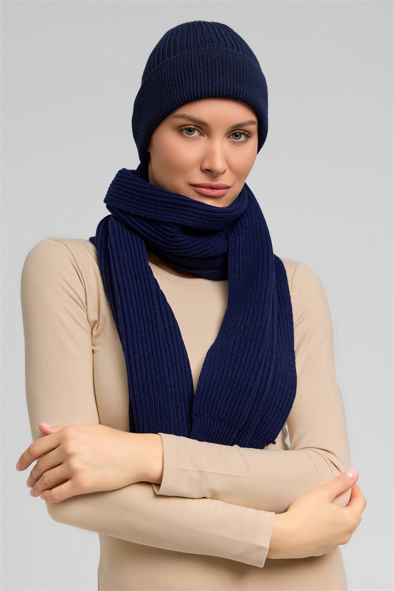 Mısırlı Unisex Yün Atkı Bere Takımı - RoseLuis Lacivert