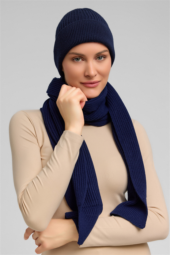 Mısırlı Unisex Yün Atkı Bere Takımı - RoseLuis Lacivert