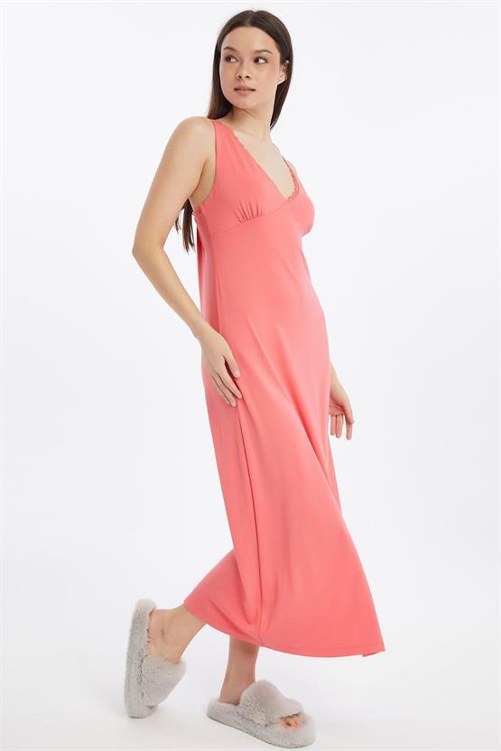 Mısırlı Viscon Kalın Askılı Örme Uzun Gecelik Mercan