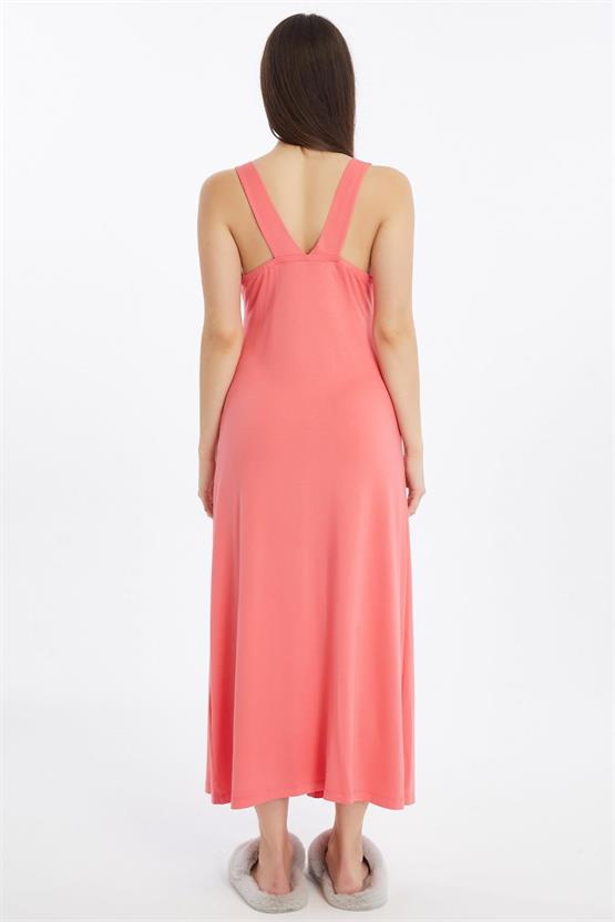 Mısırlı Viscon Kalın Askılı Örme Uzun Gecelik Mercan