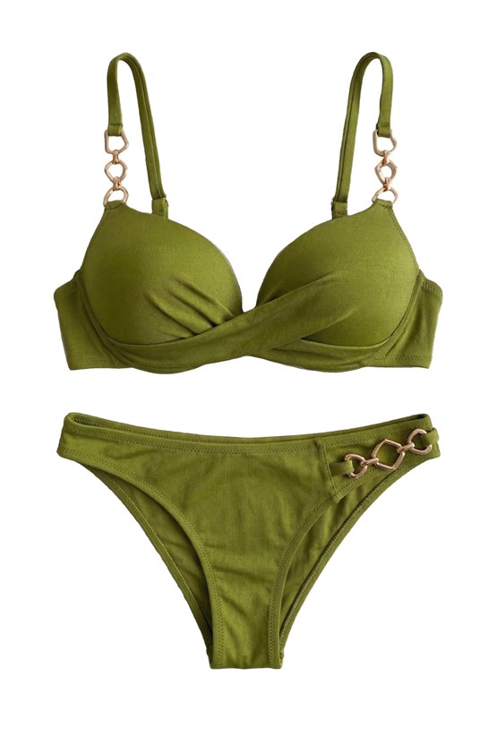 Mısırlı Zincir Detaylı Double Dolgulu Bikini Takım Çağla Yeşili
