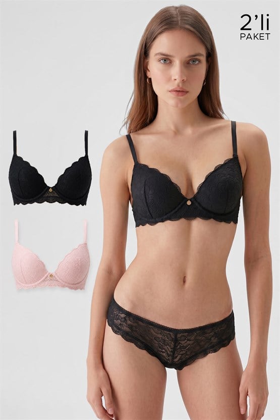 Msırlı Kadın 2li Ekonomik Paket Balenli Soft Push Up Dantelli Sütyen Tak Çıkar B/C/D Cup Seçeneği Siyah-Pudra