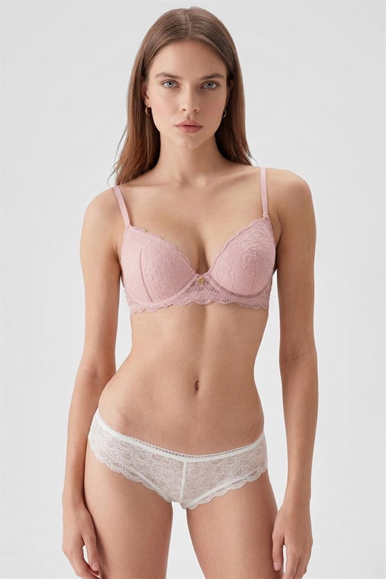 Msırlı Kadın 2li Ekonomik Paket Balenli Soft Push Up Dantelli Sütyen Tak Çıkar B/C/D Cup Seçeneği Siyah-Pudra