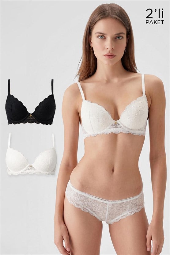 Msırlı Kadın 2li Ekonomik Paket Balenli Soft Push Up Dantelli Sütyen Tak Çıkar B/C/D Cup Seçeneği Siyah-Ekru