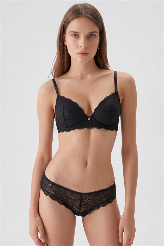 Msırlı Kadın 2li Ekonomik Paket Balenli Soft Push Up Dantelli Sütyen Tak Çıkar B/C/D Cup Seçeneği Siyah-Pudra