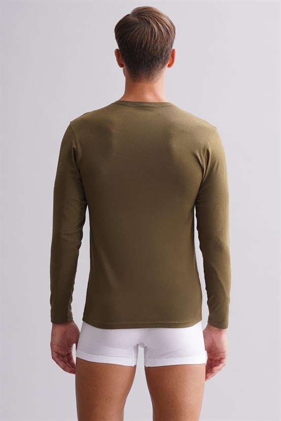 ORGANIC Pamuklu HERCULES Slim Fit Bisiklet Yaka Uzun Kollu Erkek Fanila Koyu Haki