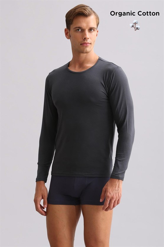 ORGANIC Pamuklu HERCULES Slim Fit Bisiklet Yaka Uzun Kollu Erkek Fanila Atrasit