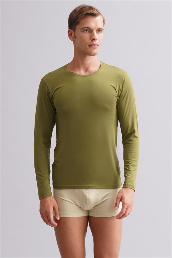 ORGANIC Pamuklu HERCULES Slim Fit Bisiklet Yaka Uzun Kollu Erkek Fanila Haki