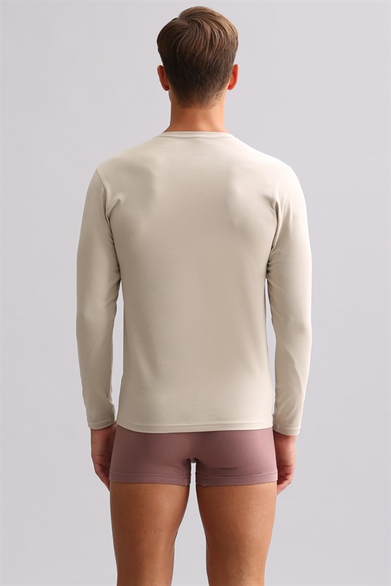 ORGANIC Pamuklu HERCULES Slim Fit Bisiklet Yaka Uzun Kollu Erkek Fanila Toprak Bej