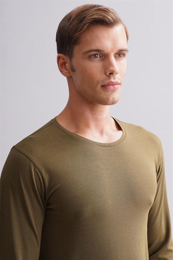 ORGANIC Pamuklu HERCULES Slim Fit Bisiklet Yaka Uzun Kollu Erkek Fanila Koyu Haki