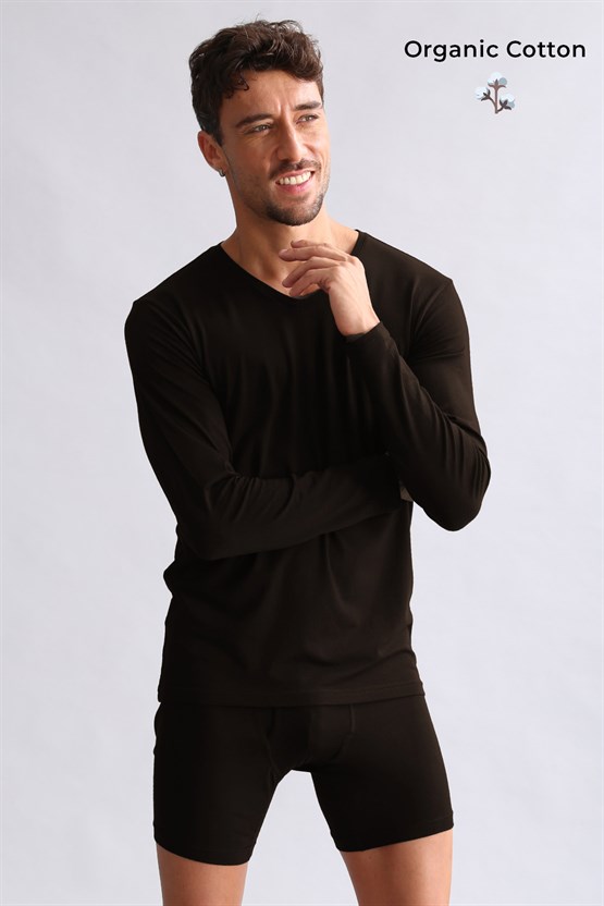 ORGANIC Pamuklu HERCULES Slim Fit V Yaka Uzun Kollu Erkek Fanila Kahverengi