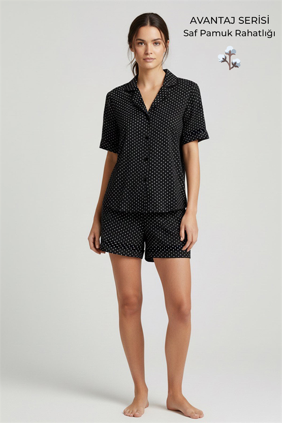 Pamuklu Kısa Kollu Gömlek Şortlu Takım Siyah