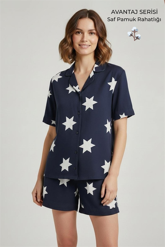 Pamuklu Kısa Kollu Gömlek Şortlu Takım Lacivert