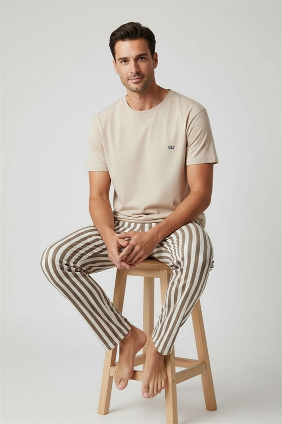 Pamuklu Kısa Kollu Pijama Takım Bej-Kahverengi