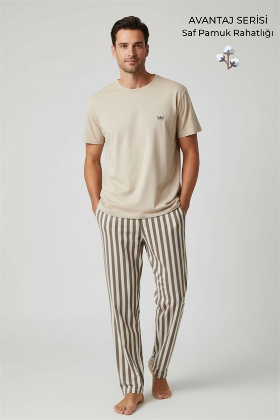 Pamuklu Kısa Kollu Pijama Takım Bej-Kahverengi