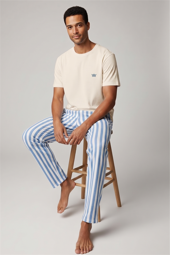 Pamuklu Kısa Kollu Pijama Takım Beyaz-Mavi