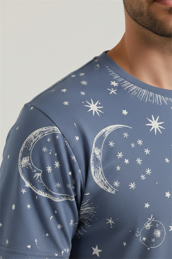 Pamuklu Kısa Kollu Pijama Takım İndigo