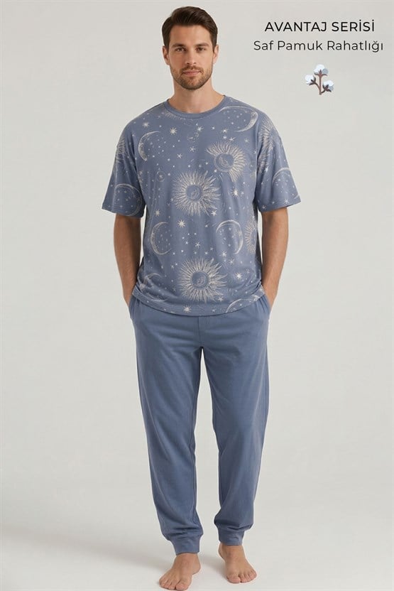 Pamuklu Kısa Kollu Pijama Takım İndigo