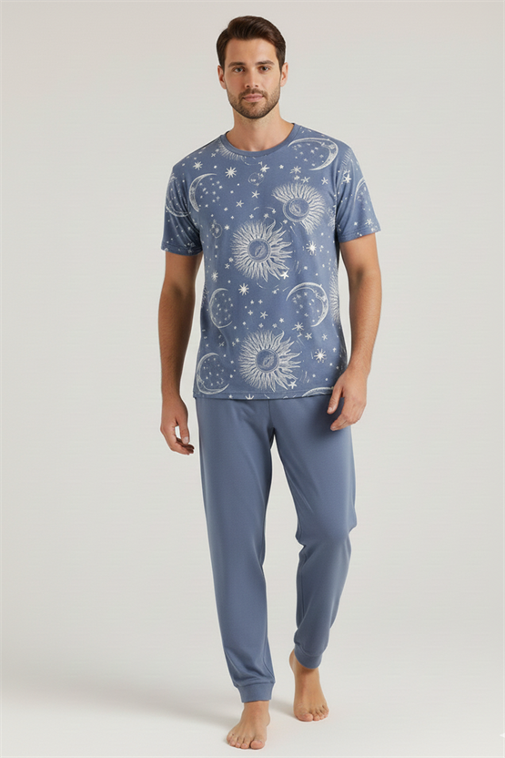 Pamuklu Kısa Kollu Pijama Takım İndigo