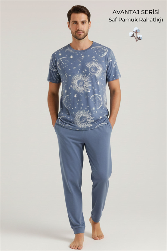 Pamuklu Kısa Kollu Pijama Takım İndigo