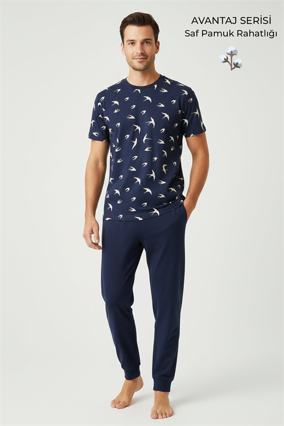 Pamuklu Kısa Kollu Pijama Takım Lacivert