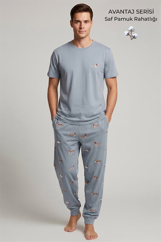 Pamuklu Kısa Kollu Pijama Takım Mavi