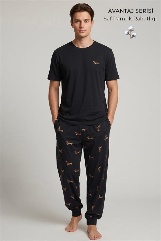 Pamuklu Kısa Kollu Pijama Takım Siyah