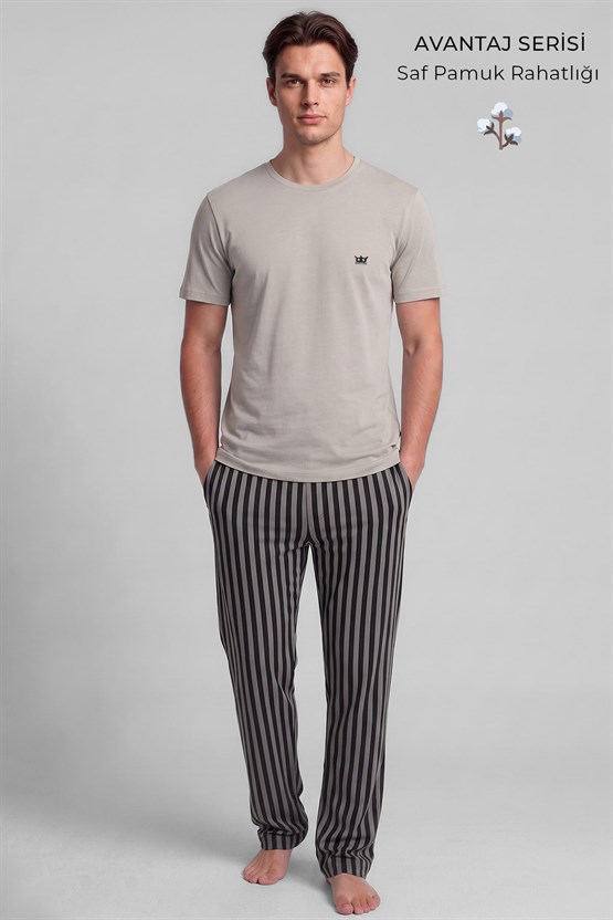 Pamuklu Kısa Kollu Pijama Takım Taş-Siyah Çizgili