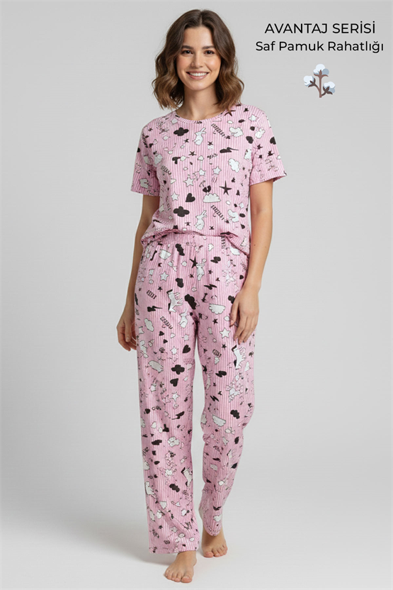 Pamuklu Kısa Kollu Tişört Pantolon Takım Pembe