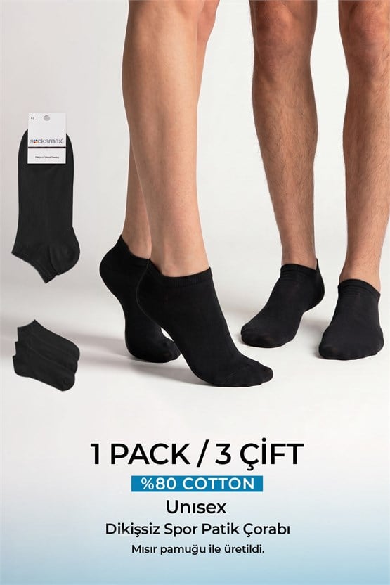 Socksmax Unisex Mısır Pamuğu Dikişsiz Üçlü Patik Çorap Siyah