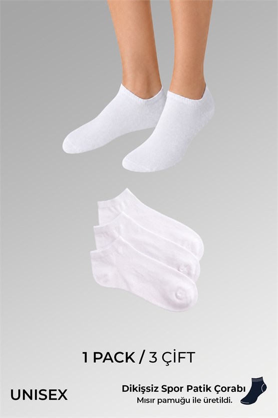 Socksmax Unisex Mısır Pamuğu Dikişsiz Üçlü Patik Çorap Beyaz