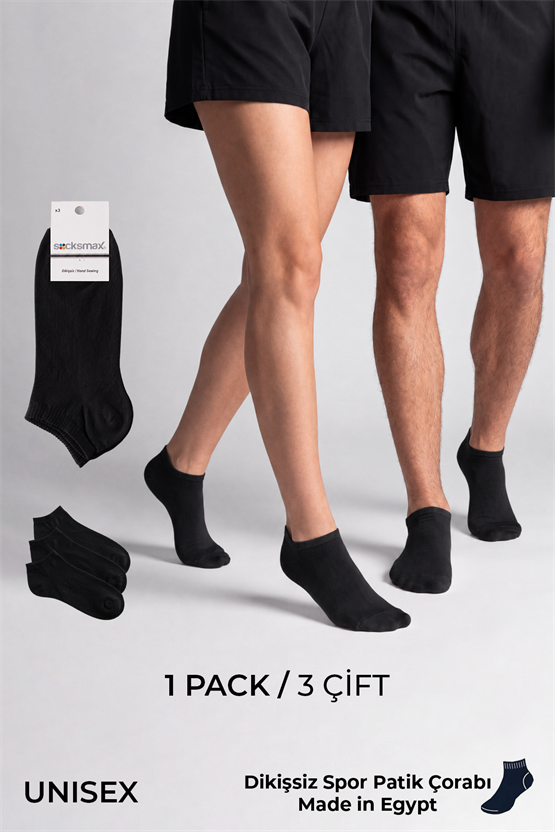 Socksmax Unisex Pamuklu Dikişsiz Üçlü Patik Çorap Siyah