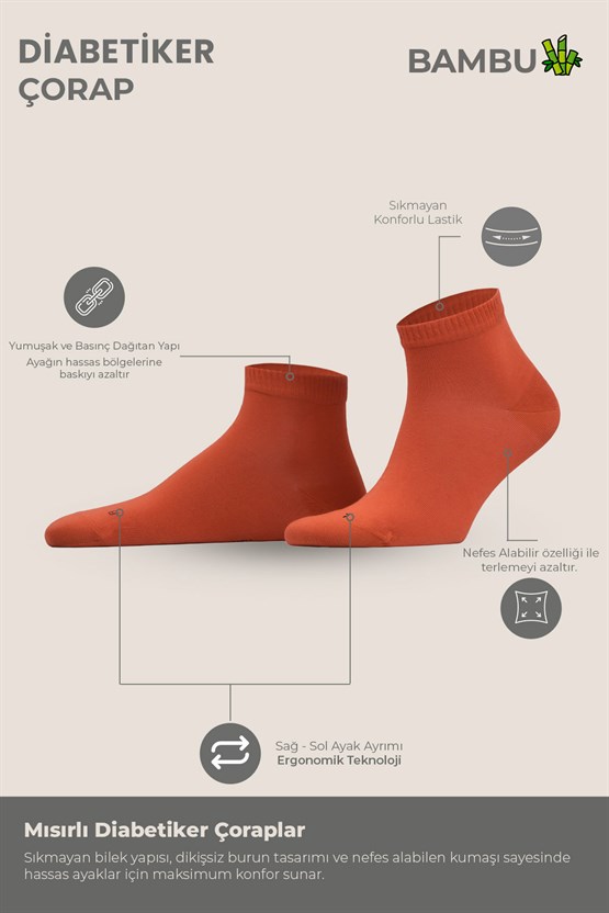 Unisex Bambu Diyabetik Sneaker Çorap Pas Kırmızı