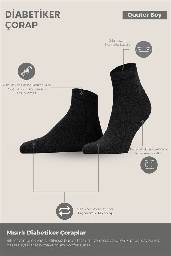 Unisex Diyabetik Bambu Kısa Konç Çorap Antrasit
