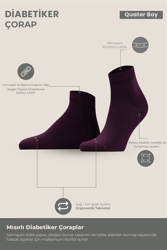 Unisex Diyabetik Bambu Kısa Konç Çorap Mor