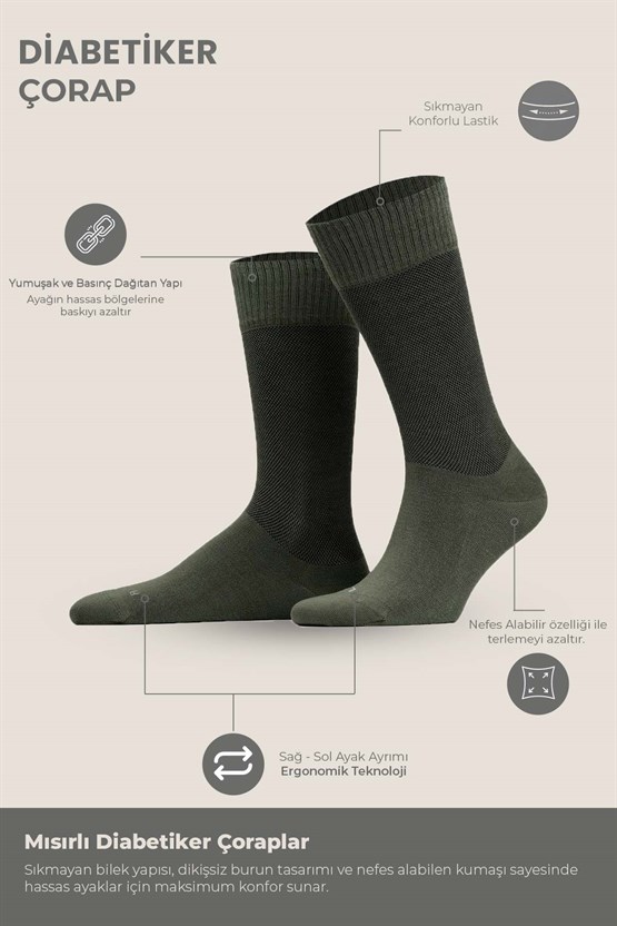 Unisex Diyabetik Bambu Soket Çorap Koyu Haki