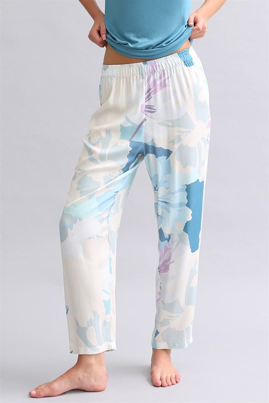 Viskon Aurora Desenli Geniş Paça Pijama Alt Lacivert