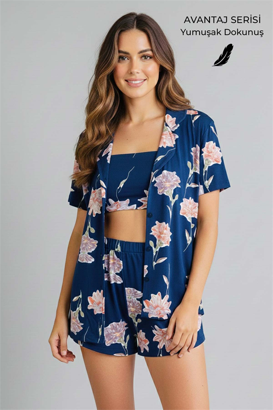 Viskon Kısa Kollu Askılı Tişört Şort Takım İndigo