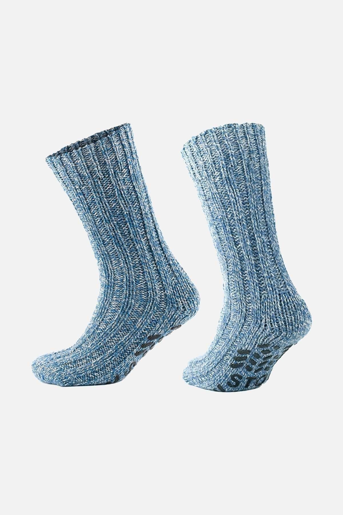 Mısırlı Kadın Merino Yünü Cold Blocker Kışlık Kaydırmaz Tabanlı Soket Çorap Mavi