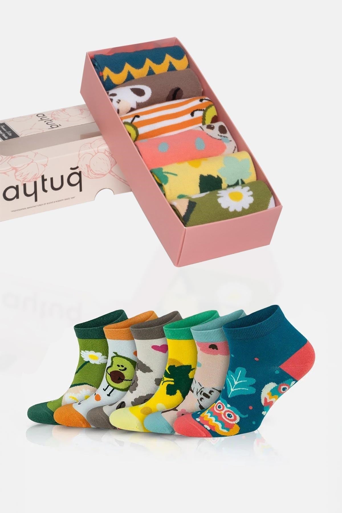 Aytuğ Unisex Pamuklu Özel Kutulu Eğlenceli Patik Çorap 6 Çift Çok Renkli