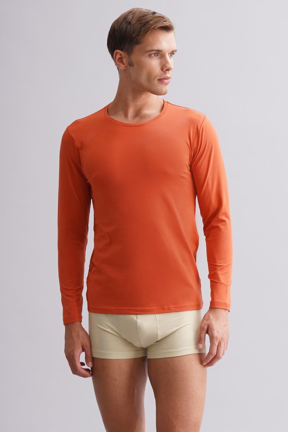 Erkek Modal by TENCEL HERCULES Slim Fit Bisiklet Yaka Uzun Kollu Fanila Pas Kırmızı