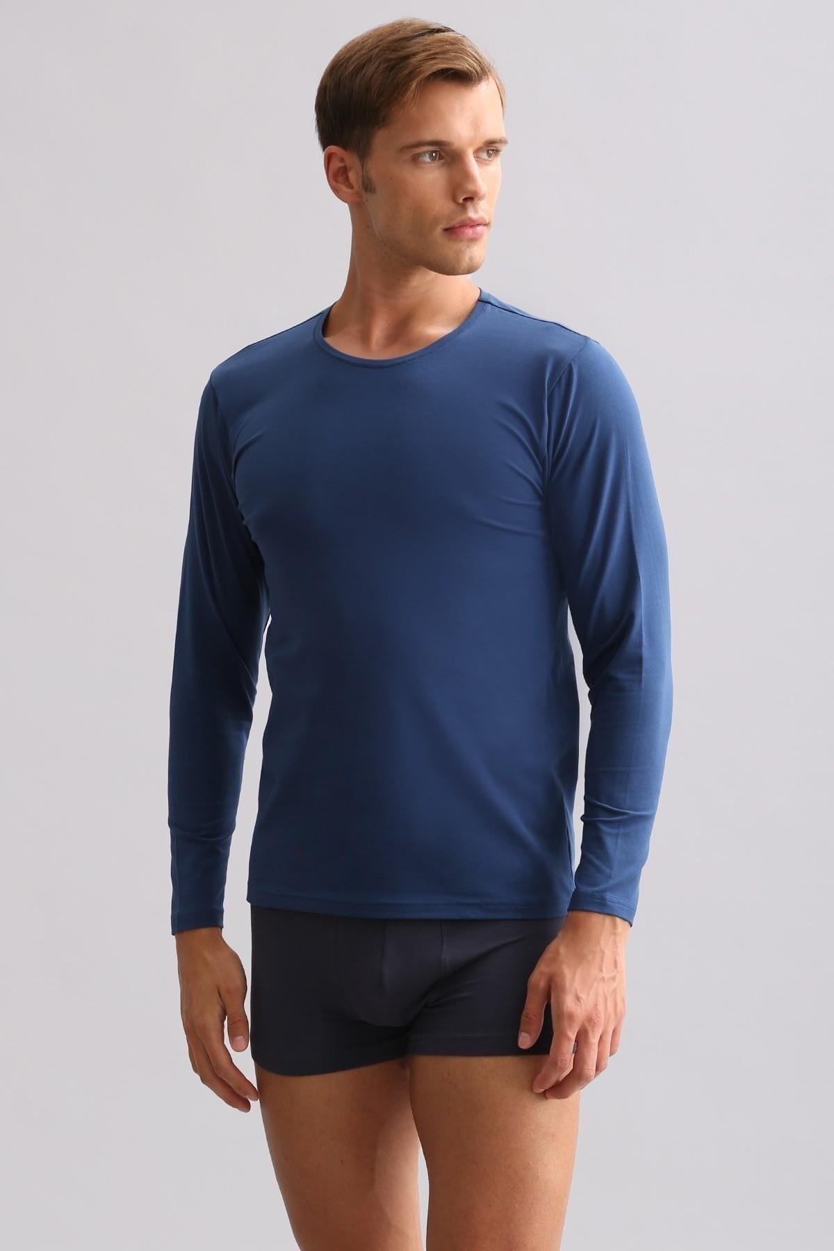 Erkek Modal by TENCEL HERCULES Slim Fit Bisiklet Yaka Uzun Kollu Fanila Gece Mavisi