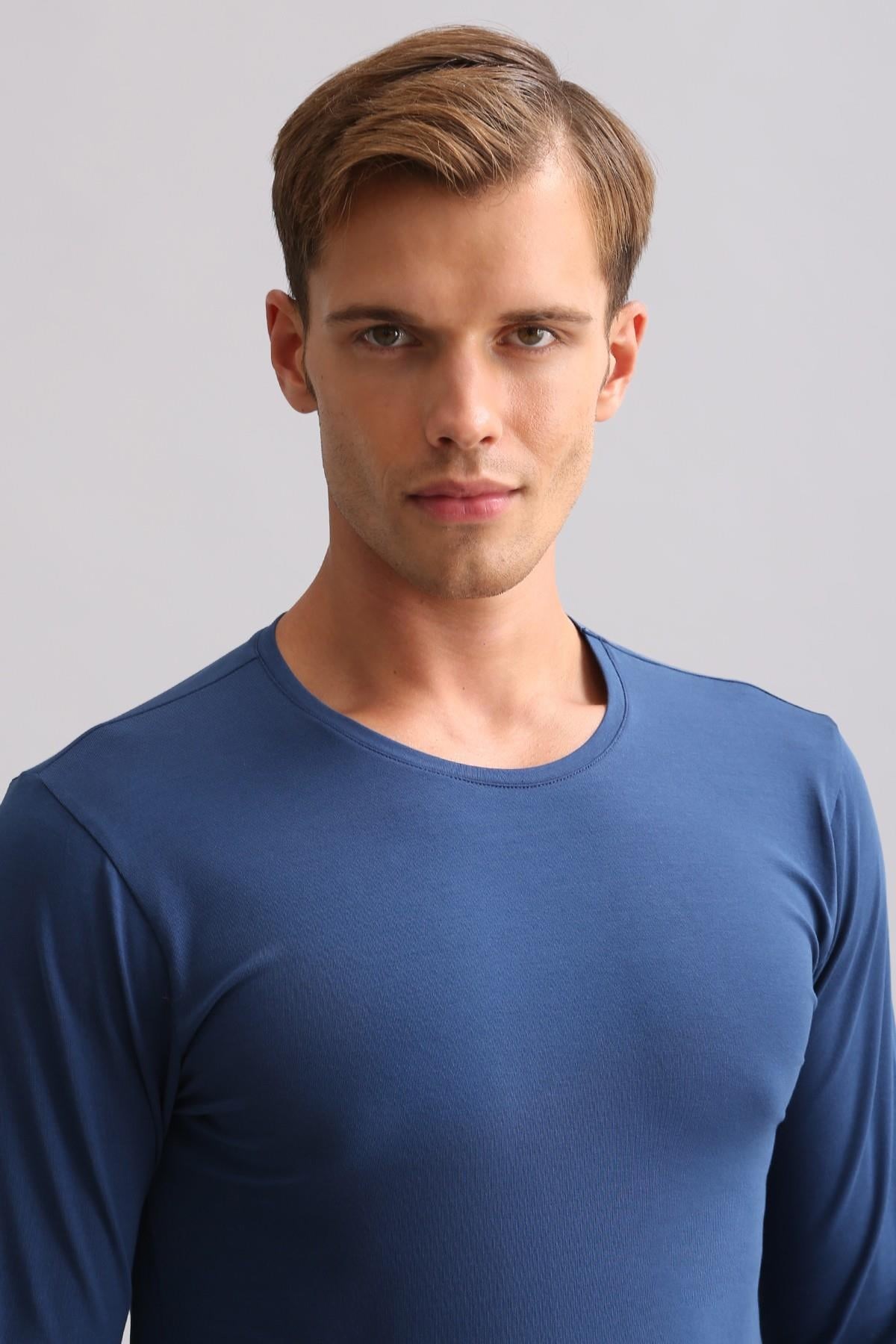 Erkek Modal by TENCEL HERCULES Slim Fit Bisiklet Yaka Uzun Kollu Fanila Gece Mavisi