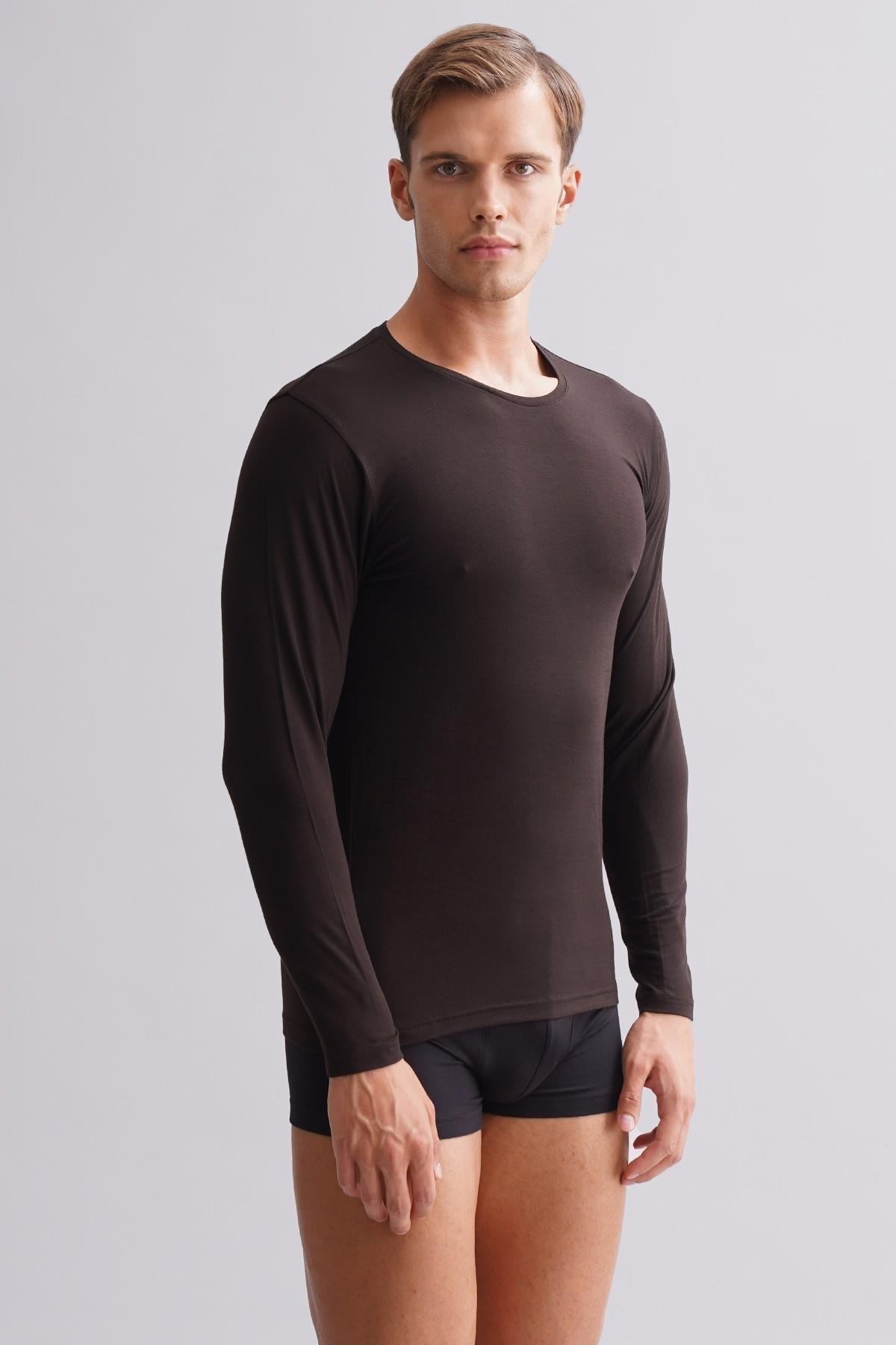 Erkek Modal by TENCEL HERCULES Slim Fit Bisiklet Yaka Uzun Kollu Fanila Kahverengi