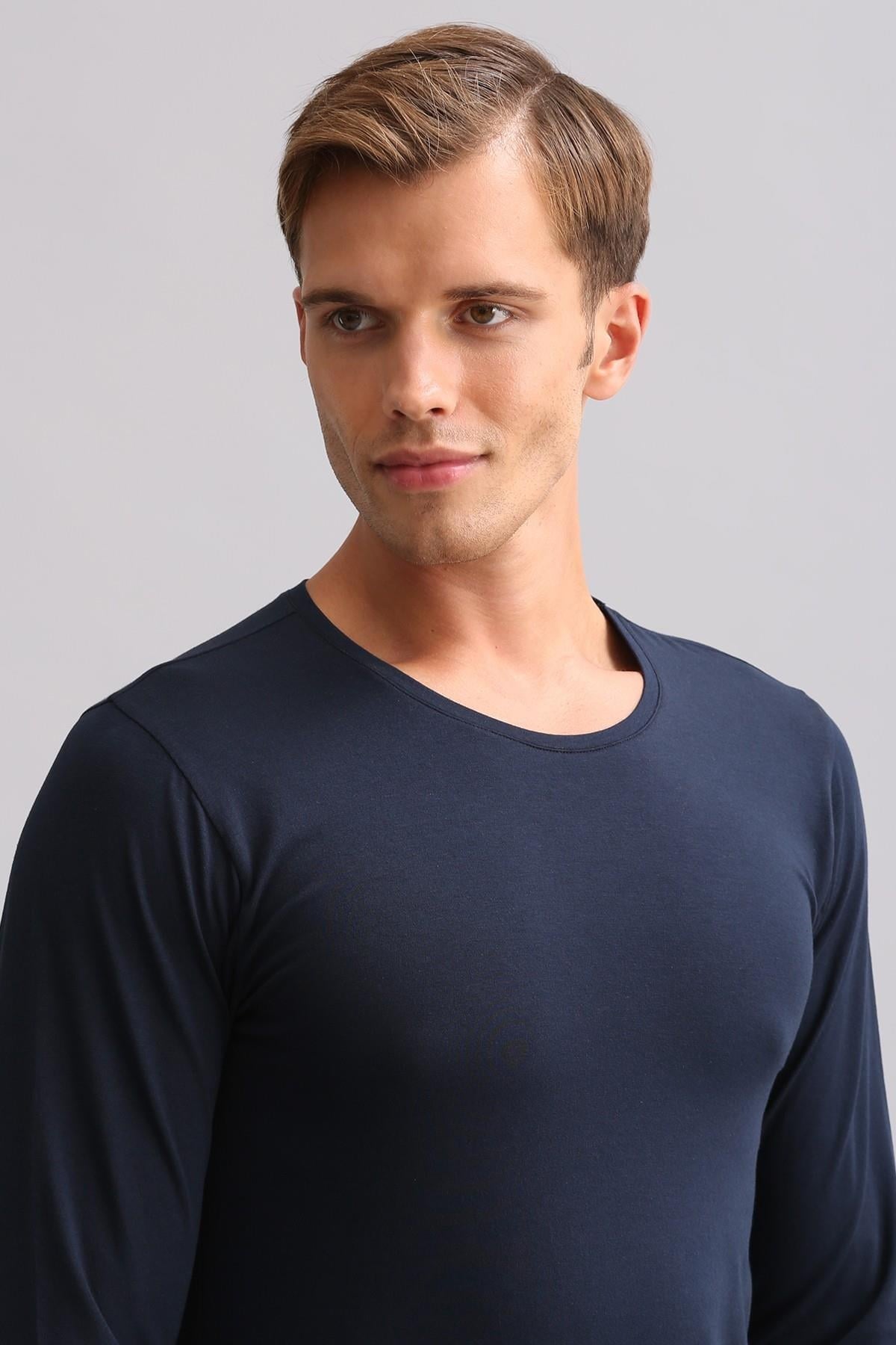 Erkek Modal by TENCEL HERCULES Slim Fit Bisiklet Yaka Uzun Kollu Fanila Lacivert