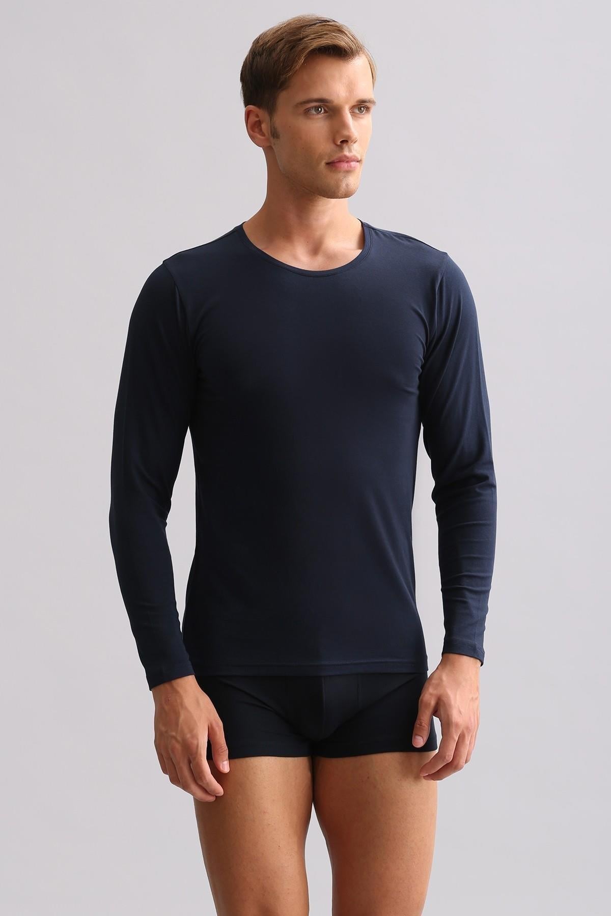 Erkek Modal by TENCEL HERCULES Slim Fit Bisiklet Yaka Uzun Kollu Fanila Lacivert